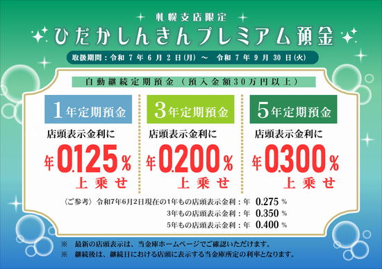 「第16回ひだかしんきんプレミアム預金」の発売について（札幌支店限定）